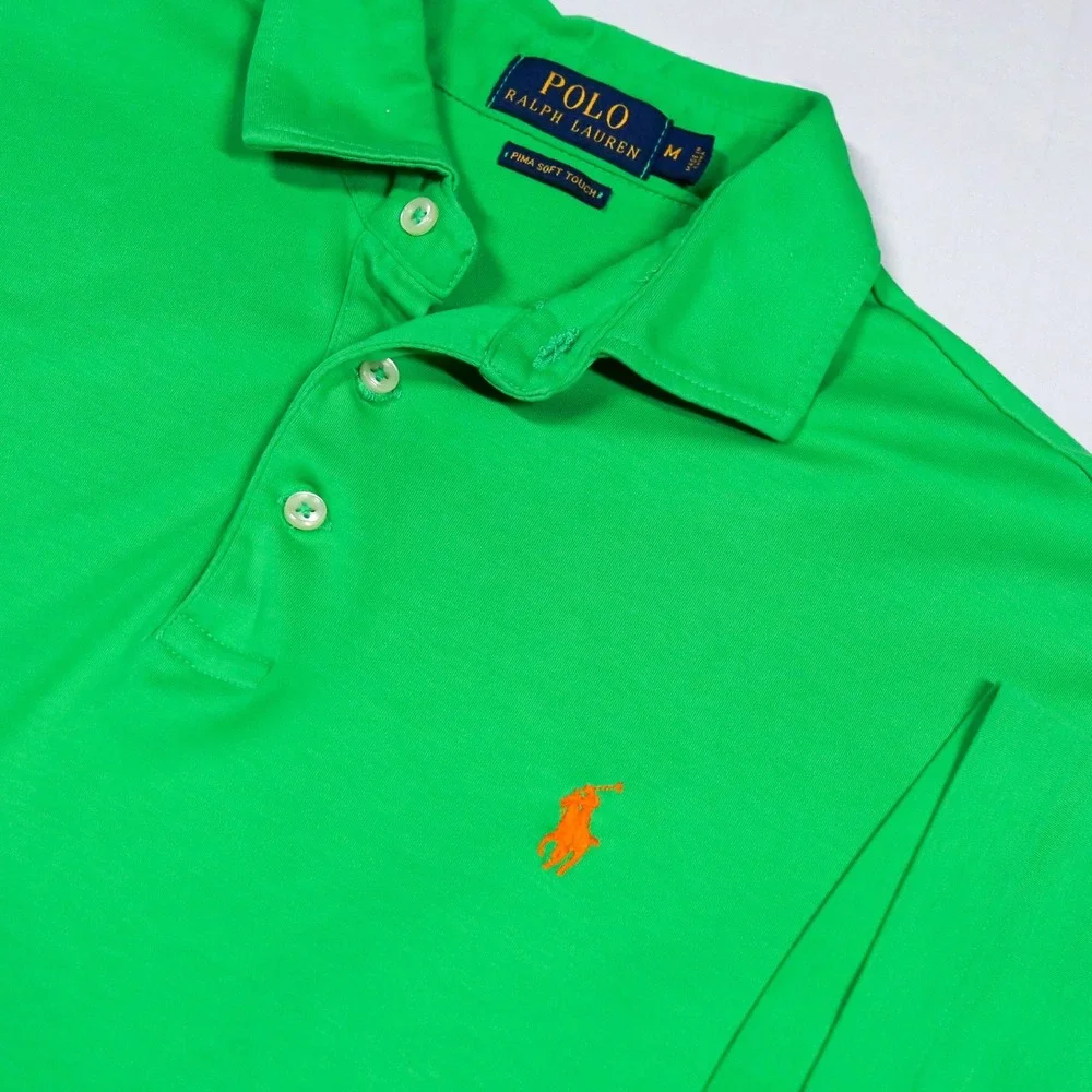 Polo Ralph Lauren Polo Shirt Mens Medium Green Pima Soft Touch Orange Pony Logo
